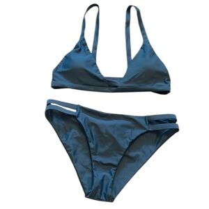 Slate Blue Strappy Bikini Set Triangle Double Side Strap Cheeky Bottoms S New